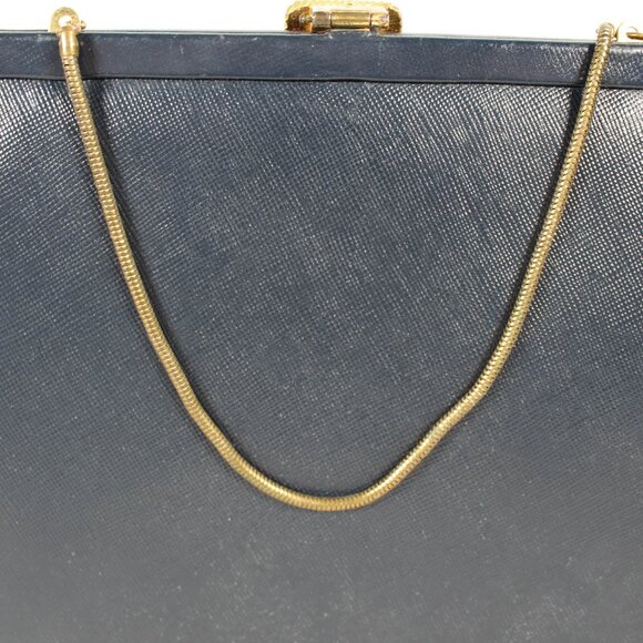 Vintage 1950s Navy Faux Leather Handbag with Art Deco Latch & Metal Chain - Picture 8 of 16